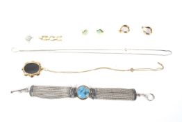 An assortment of jewellery. Including a pair of 9ct gold earrings and necklace, 6.