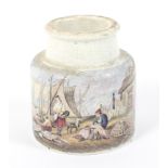 A 19th century pottery Prattware ointment pot. Printed with 'Mending the Nets', H8.