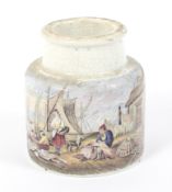 A 19th century pottery Prattware ointment pot. Printed with 'Mending the Nets', H8.