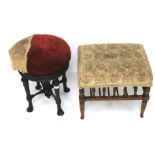 An Edwardian padded upholstered stool and a piano stool.