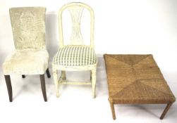 Two dining chairs and wicker table.