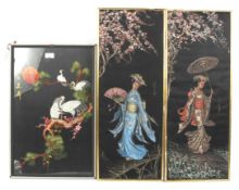 Two Asian paintings on silk and a embroidered picture of cranes.