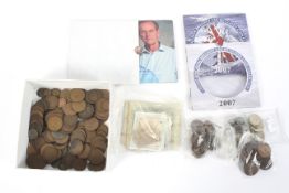 A box of mixed vintage notes and coins.