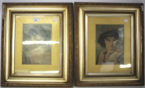 Two framed portraits of ladies in the Romantic style. Oil on canvas on board.