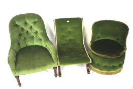 Three green velvet upholstered chairs.