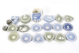 A collection of blue and green Wedgwood jasperware.