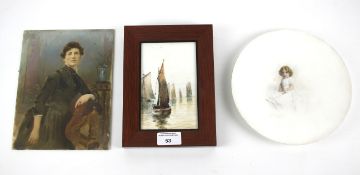 Two late 19th century amateur-decorated opaque glass plaques and a plate.