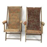 Two early 20th century upholstered folding steamer chairs.