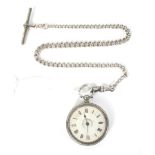A silver fob watch and white metal Albert chain.