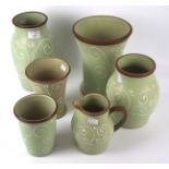 A collection of six Denby Ferndale pattern stoneware vases and a jug.