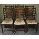 A set of six wooden chairs.