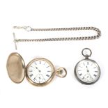 Two pocket watches and a silver Albert chain.