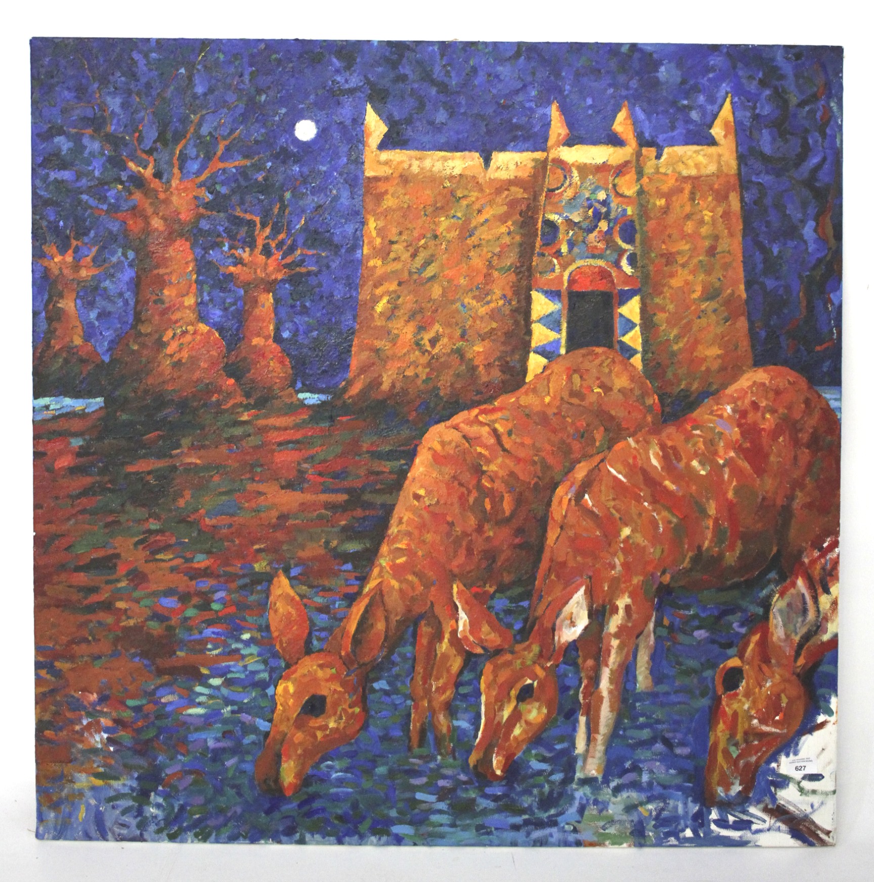 A large abstract painting depicting deer. Acrylic on canvas, unframed, 101.