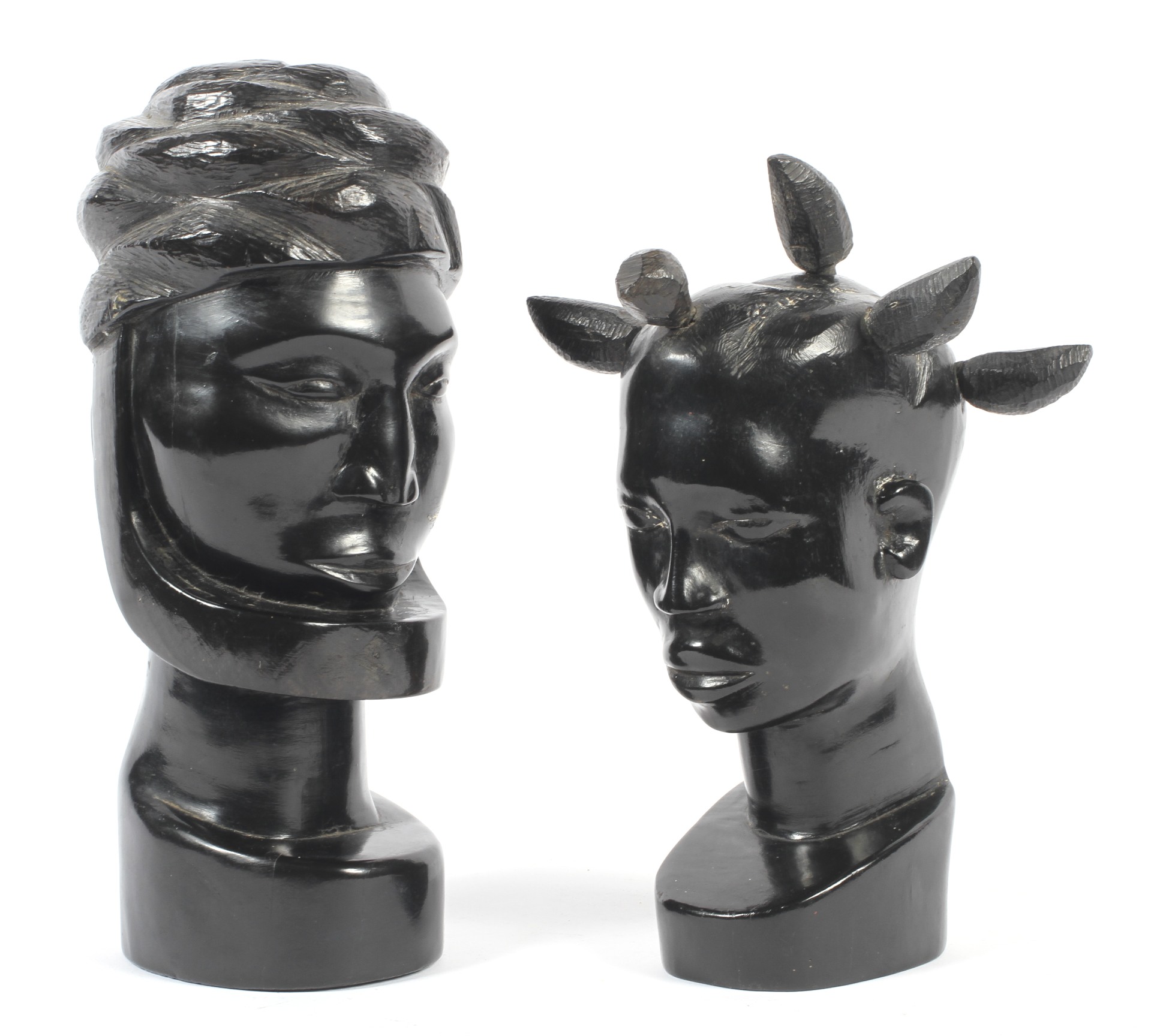 Two mid-century carved ebony tribal sculptures of a man and woman. - Image 2 of 2