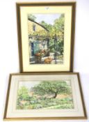 Two watercolours of country garden scenes.