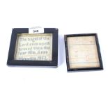 Two Victorian miniature samplers. One an alphanumeric example featuring multiple crowns, 7cm x 8.