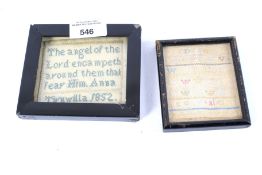 Two Victorian miniature samplers. One an alphanumeric example featuring multiple crowns, 7cm x 8.