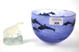 A Swedish glass Malcolm Sutcliffe studio bowl and a frosted glass figure of a polar bear.