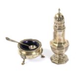 A silver condiment pot, spoon and shaker.