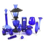 An assortment of Bristol blue glassware.