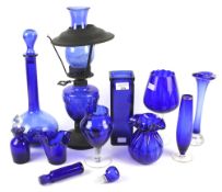 An assortment of Bristol blue glassware.