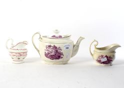 A 19th century Staffordshire teapot and similar milk jug and another jug.