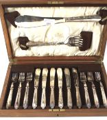 A cased set of six silver plated fish cutlery and servers by Mappin & Webb.