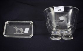 An engraved Orrefors glass vase and a glass pin dish.