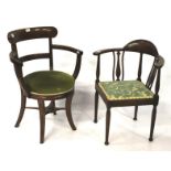 An Edwardian mahogany upholstered corner chair and an adapted mahogany arm chair.