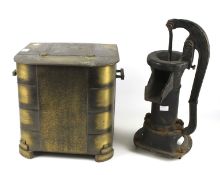 An early 20th century Art Deco style metal coal box and hand water pump.