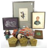 A group of Chinese and Japanese collectables. Including a doll (AF), robe, two pictures, etc.
