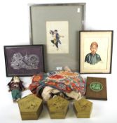 A group of Chinese and Japanese collectables. Including a doll (AF), robe, two pictures, etc.