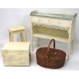 Assorted furniture and a wicker basket.