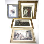 An assortment of prints and gilt frames.