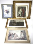 An assortment of prints and gilt frames.