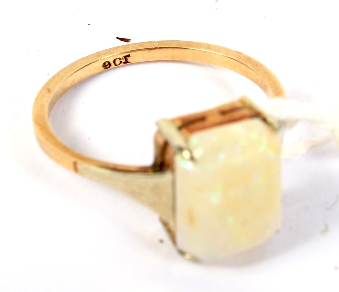 A yellow metal single stone opal ring. Marked '9ct', size M/N, 1. - Image 2 of 2