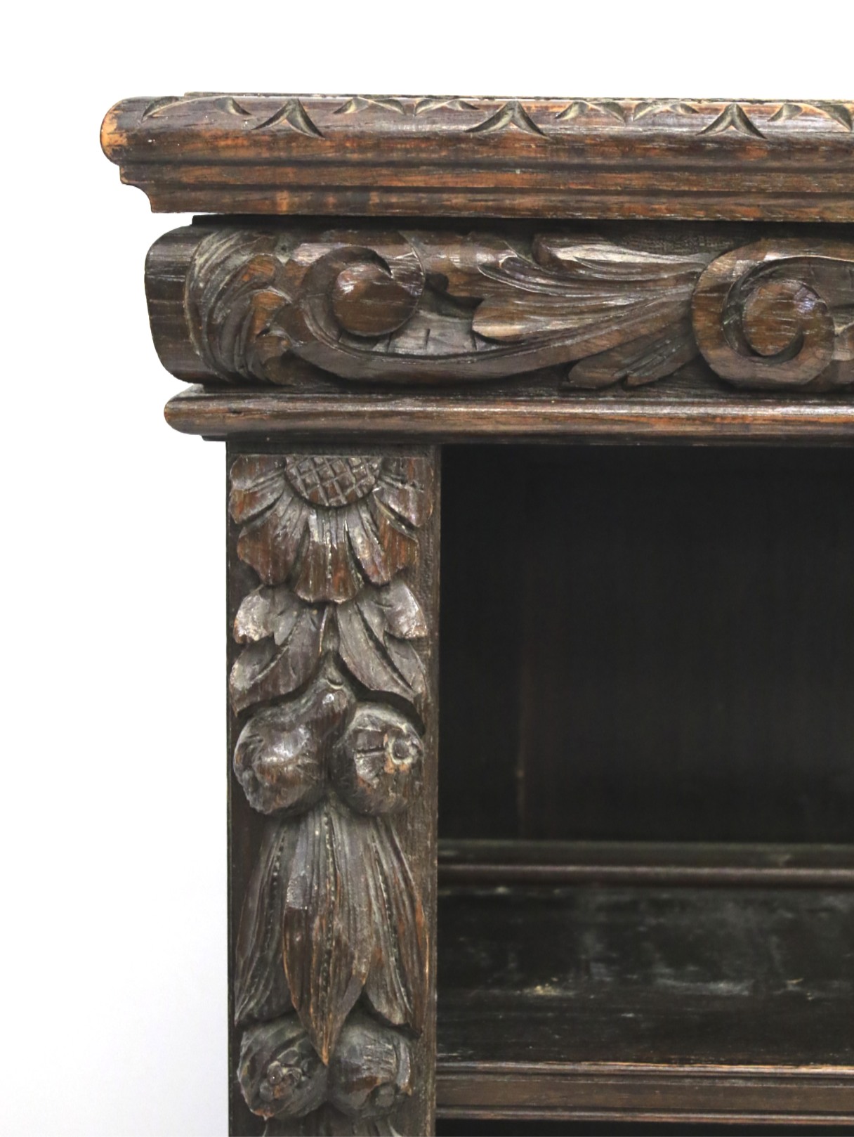 An early 20th century heavily carved oak Flemish style open bookcase. - Image 2 of 2