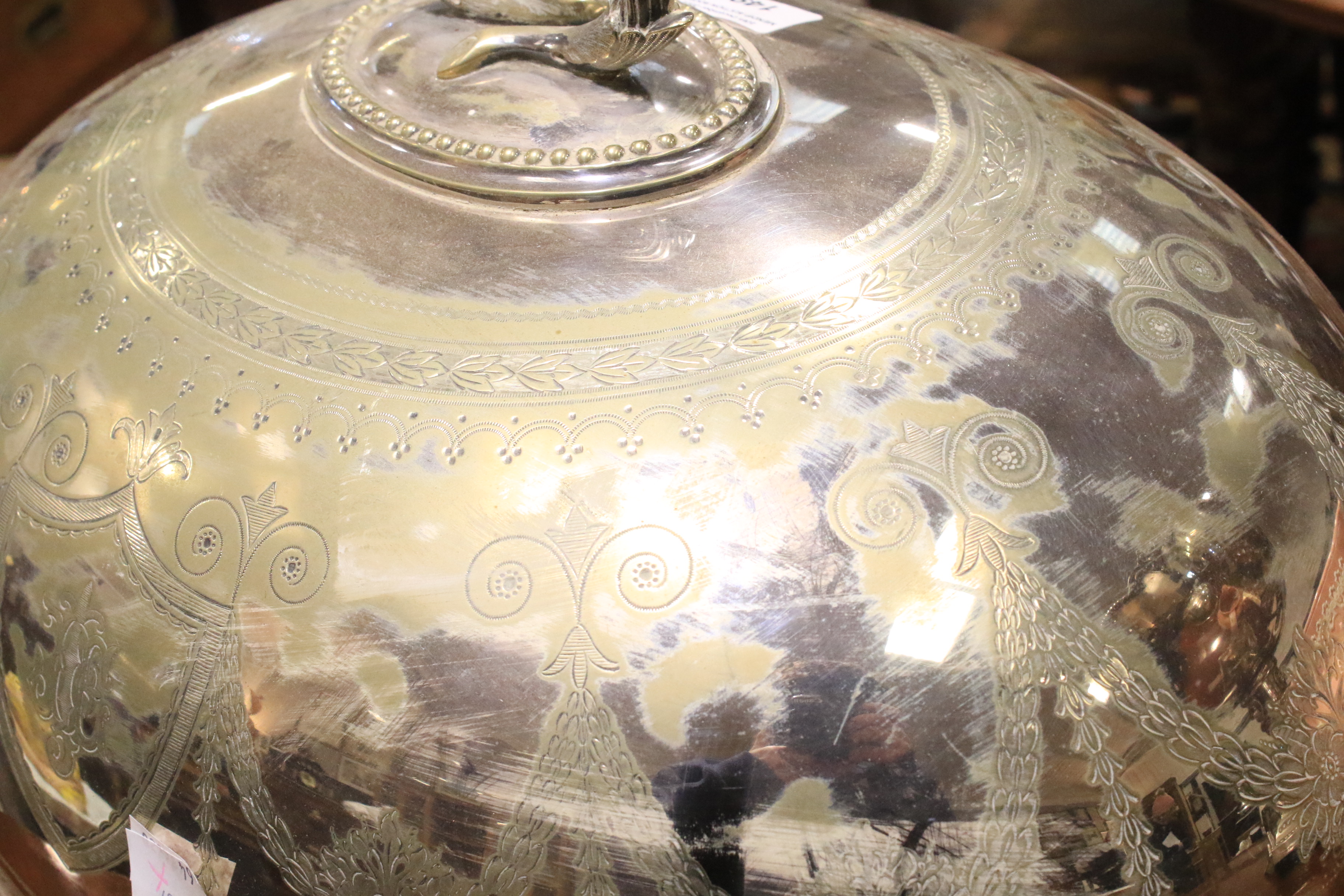 A large Edwardian silver-plated meat-dish warmer and two domed covers in sizes. - Image 20 of 23