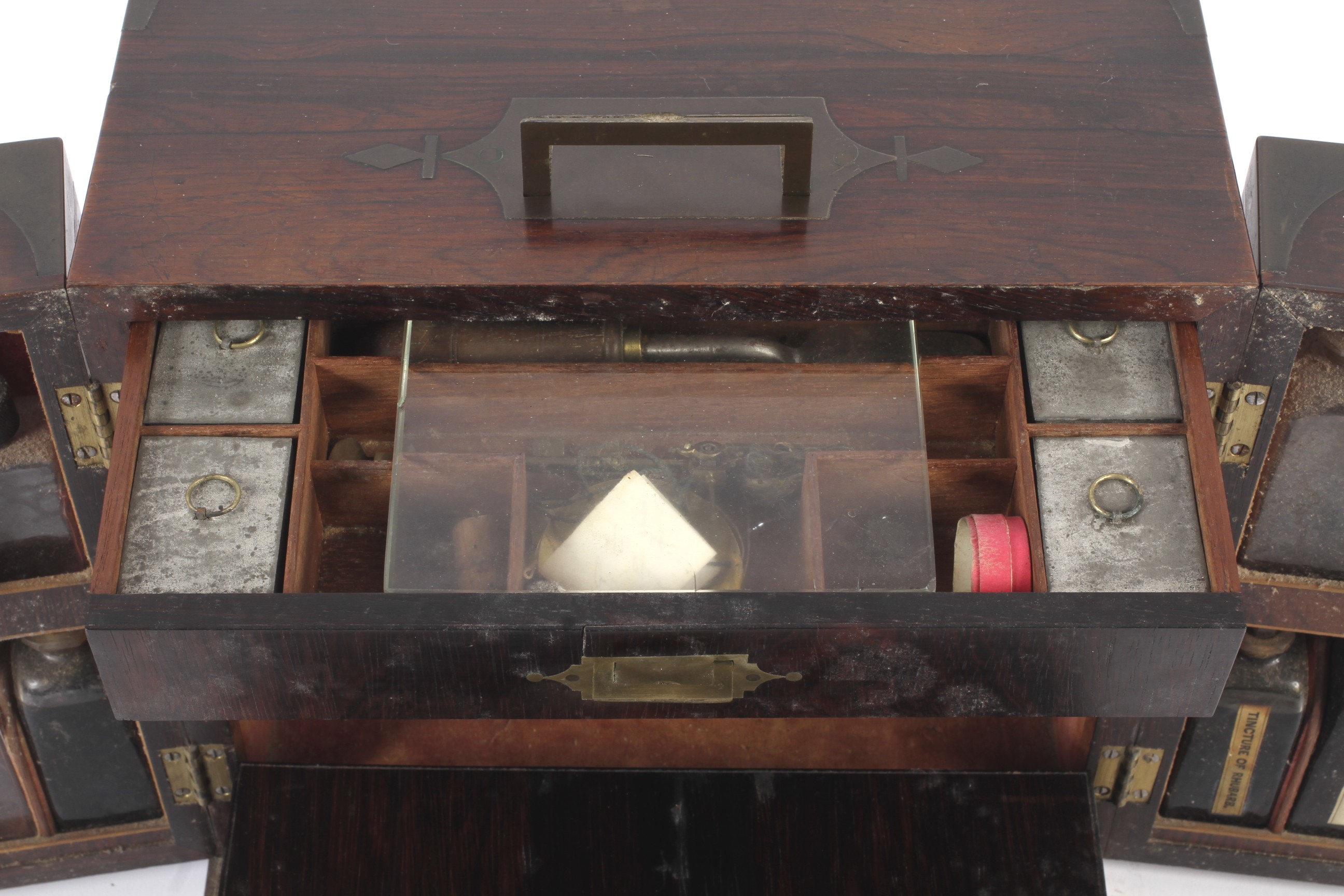 A Victorian rosewood travelling apothecary cabinet with contents. - Image 4 of 17