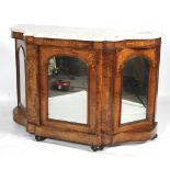 A Victorian marble topped marquetry inlaid burr walnut mirrored credenza.