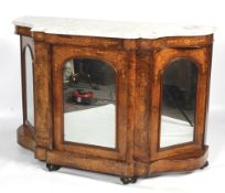 A Victorian marble topped marquetry inlaid burr walnut mirrored credenza.