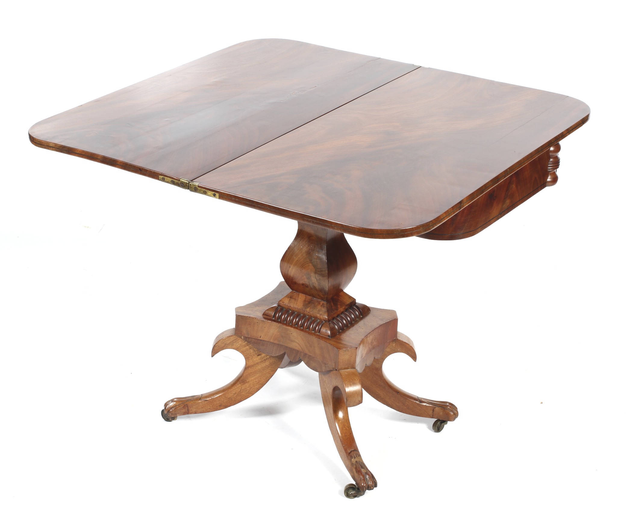 A William IV mahogany fold over tea table raised on a quatrefoil base. - Image 2 of 2