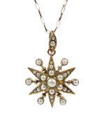A vintage gold and imitation-half-pearl 'starburst' pendant in Victorian style, and a chain.