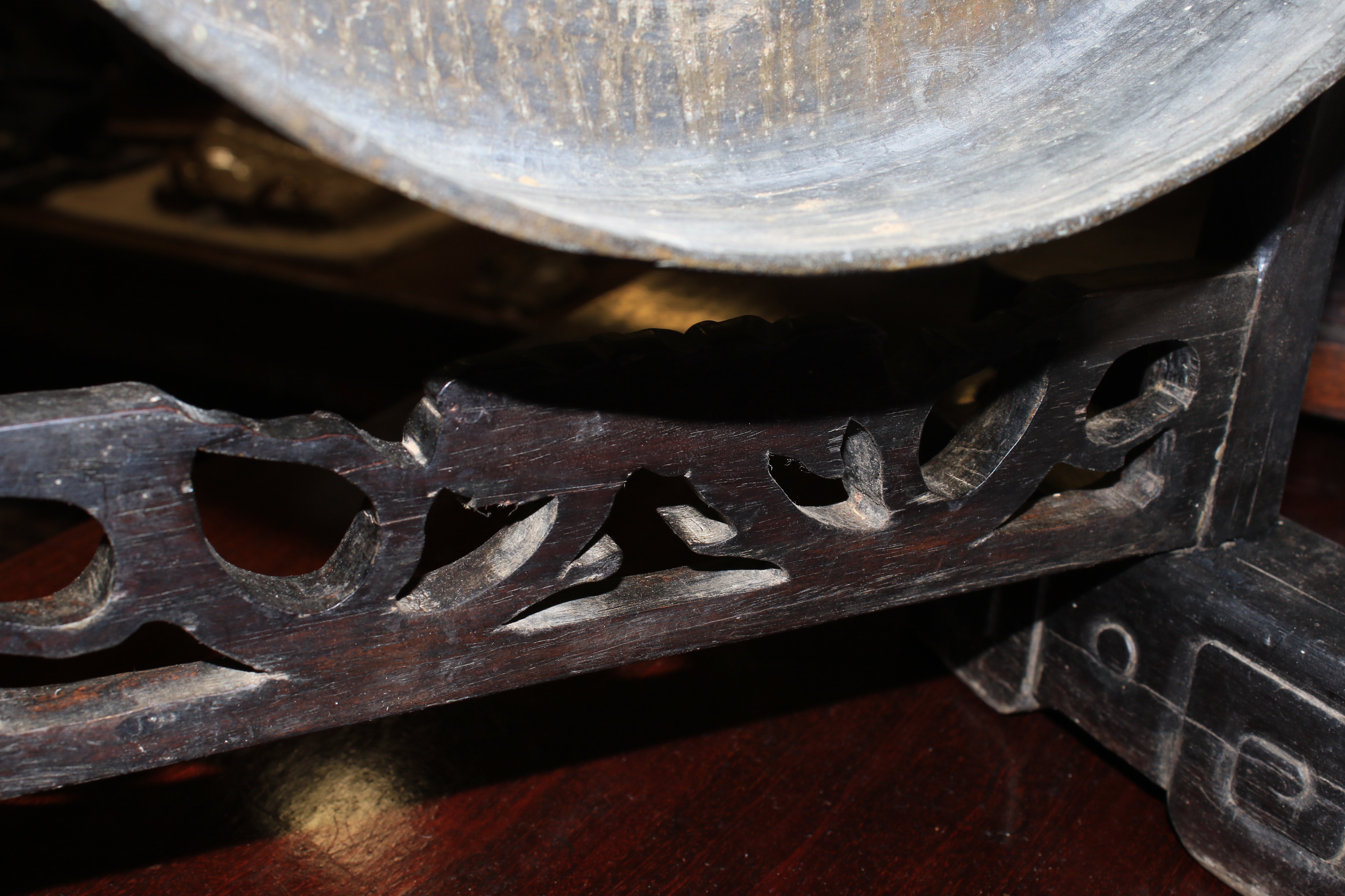 A Chinese gong raised on a carved ebonised stand. - Image 9 of 18