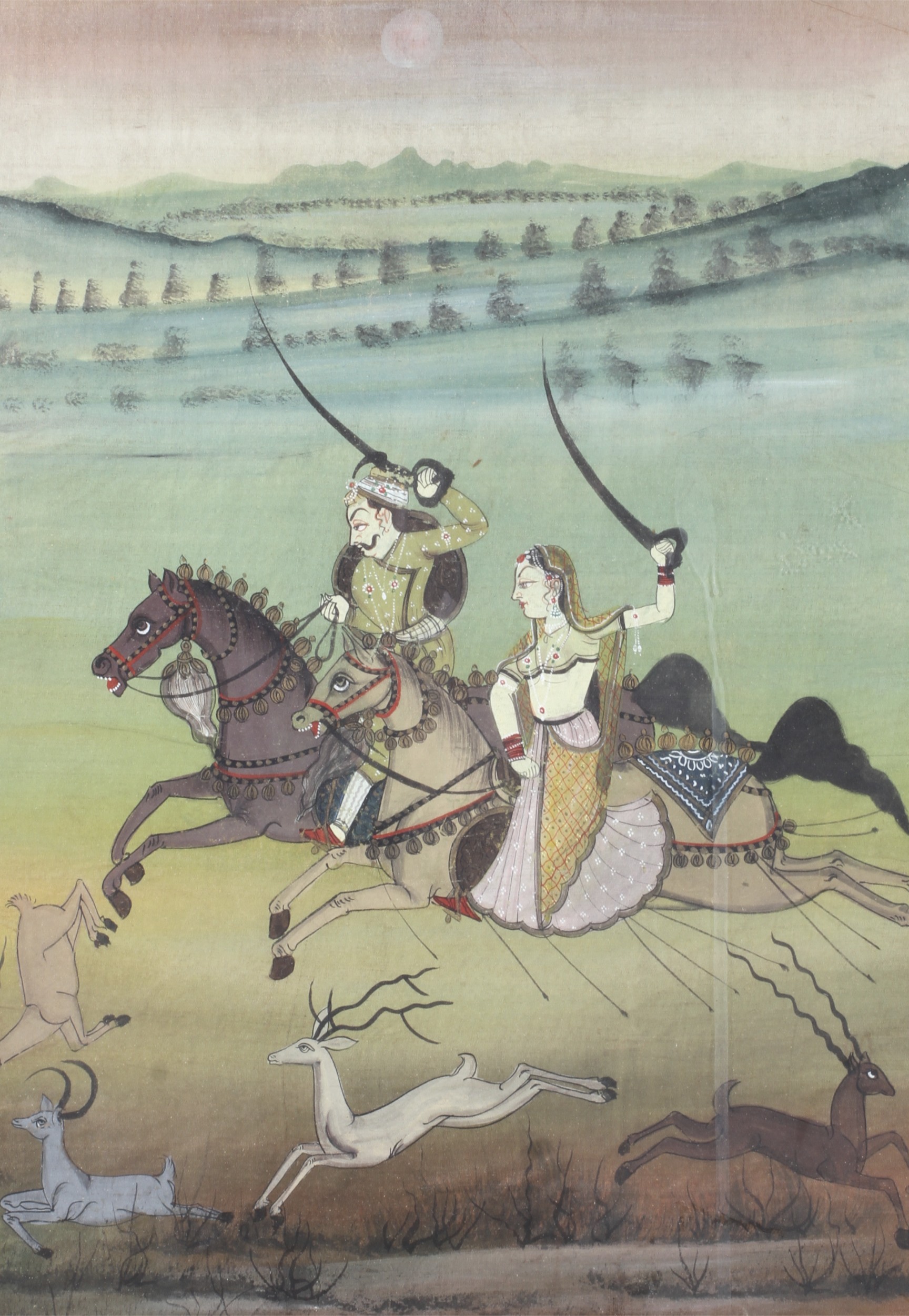 A 20th century Indian painting on fabric depicting a huntsman and women on horseback.
