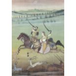 A 20th century Indian painting on fabric depicting a huntsman and women on horseback.