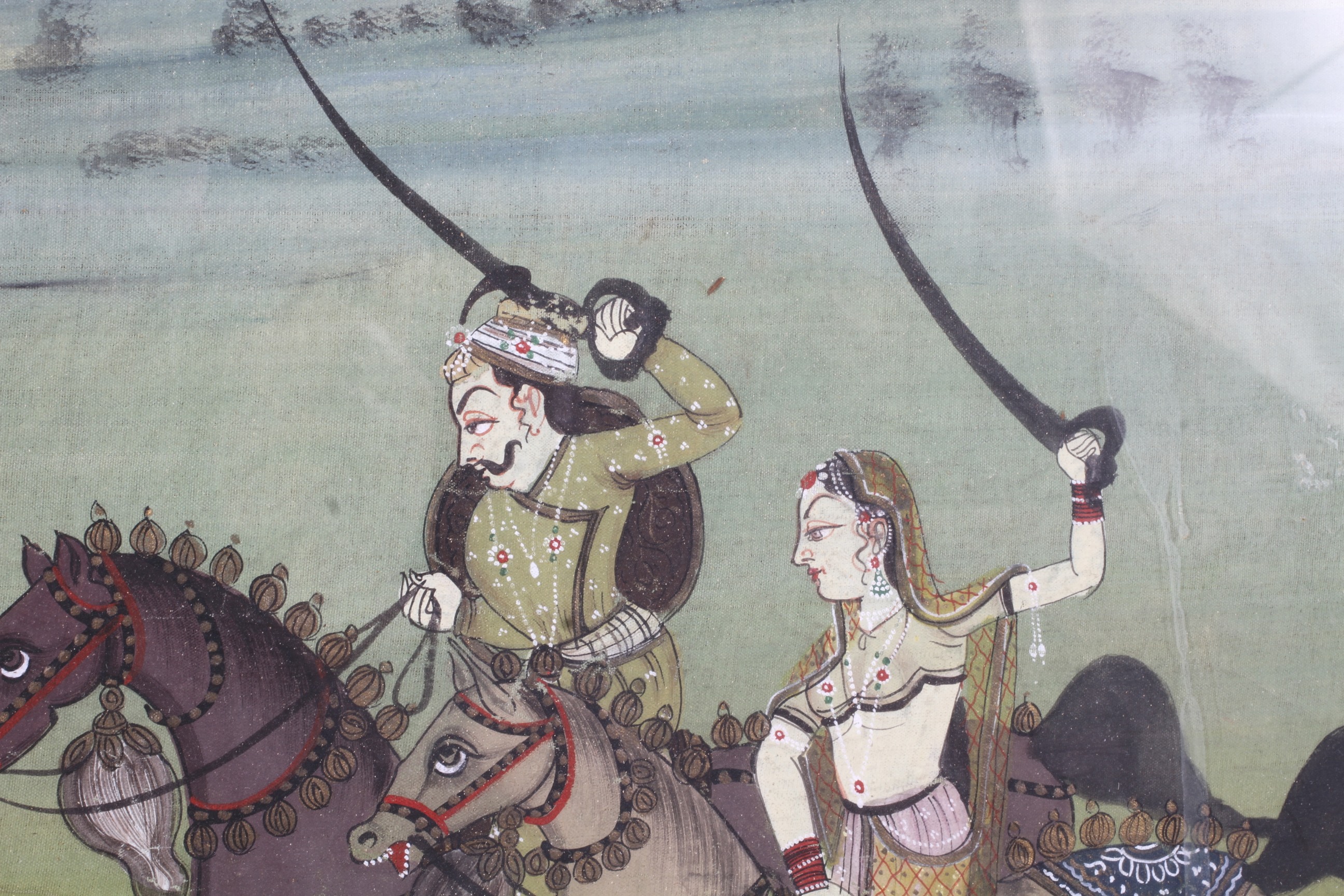 A 20th century Indian painting on fabric depicting a huntsman and women on horseback. - Image 3 of 3