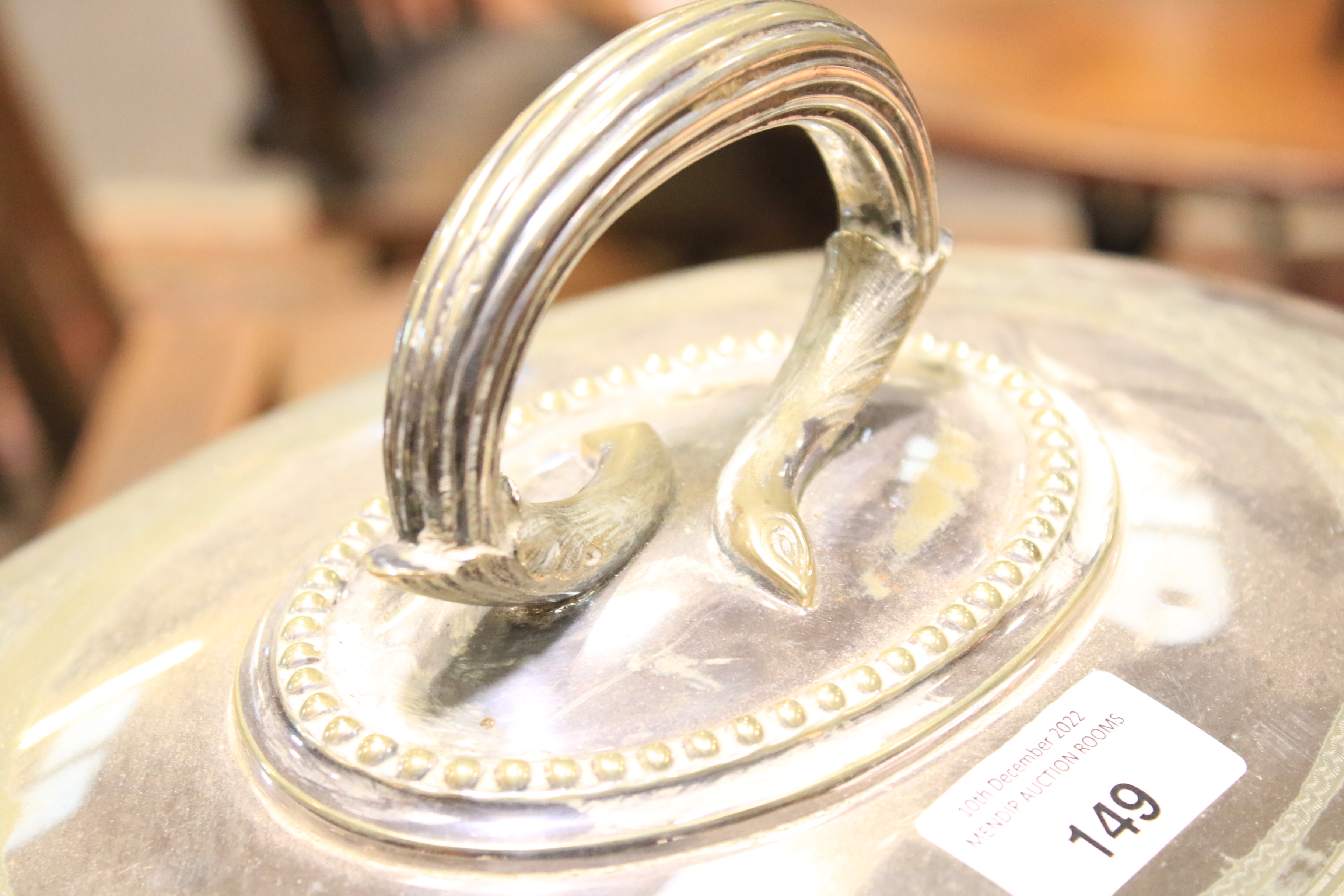 A large Edwardian silver-plated meat-dish warmer and two domed covers in sizes. - Image 13 of 23