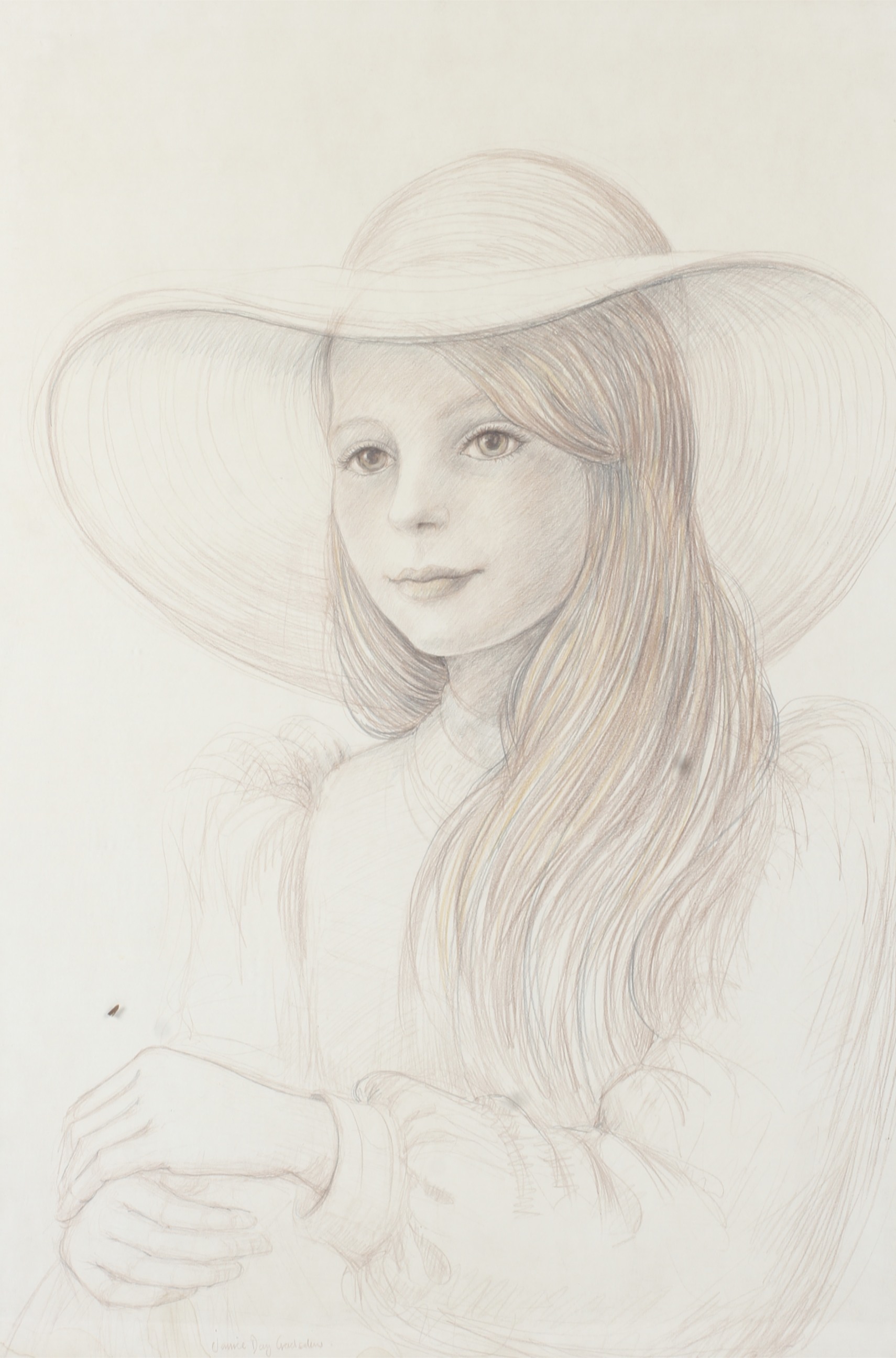 A coloured pencil portrait sketch of a young lady, circa 1970.