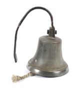A 19th century bronze wall mounted ships bell. With iron bracket and platted rope pull. H34.